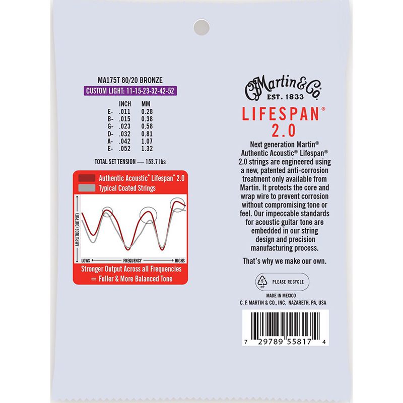 Martin Authentic Acoustic Lifespan 2.0 80/20 Bronze Guitar Strings - Custom Light 11-52 - Image 3
