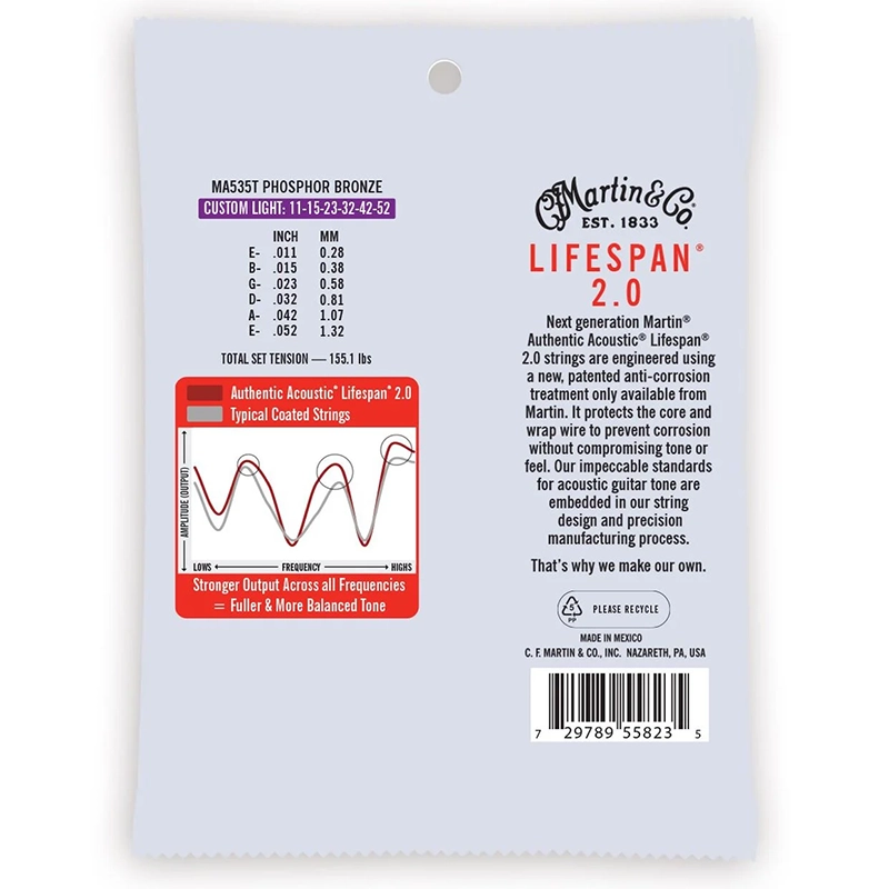 Martin Authentic Acoustic Lifespan 2.0 Phosphor Bronze Guitar Strings - Custom Light - 11-52 - Image 3